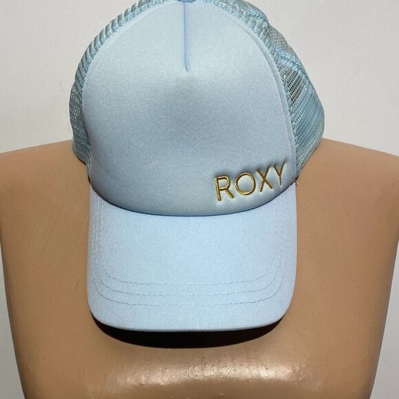 Roxy Women's Light Blue Mesh Embroidered Metallic Logo Snap Back Trucker Cap - Picture 1 of 7
